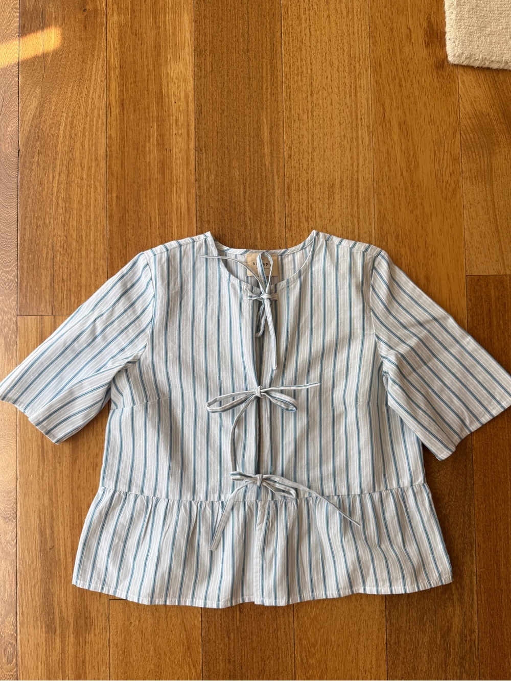 Sézane Blue and White Striped Tie-Front Peplum Blouse